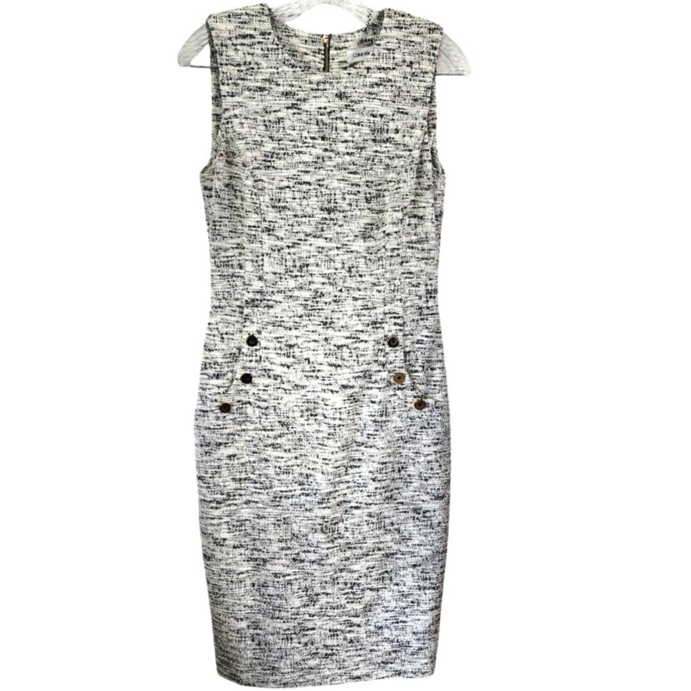 Calvin Klein White Black Tweed Shift Sleeveless Dress Size 6